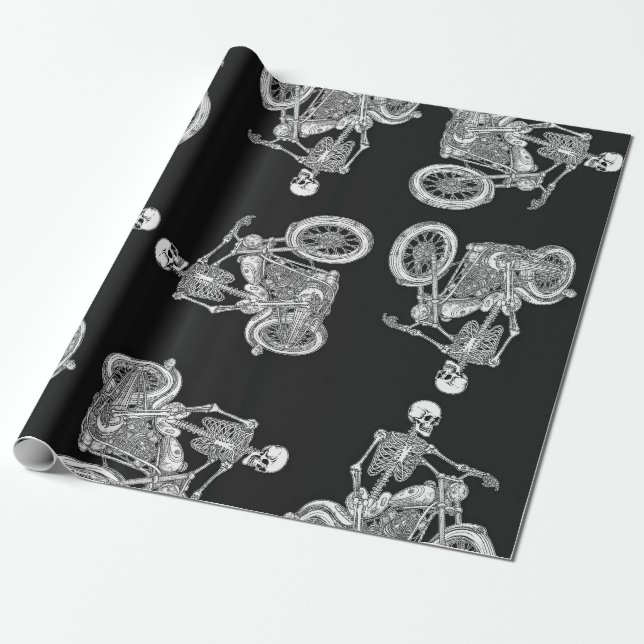 Skeleton Rides A Harley Wrapping Paper (Unrolled)