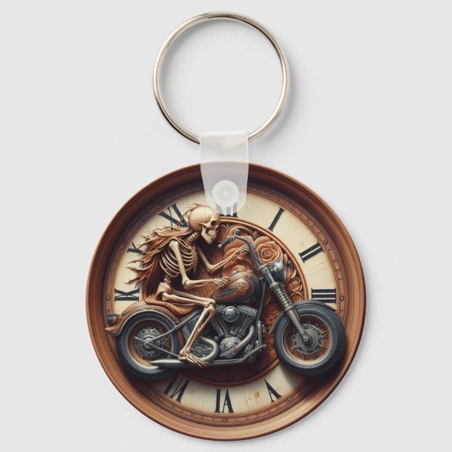 Skeleton Riding a zonked-out bike Keychain (Front)
