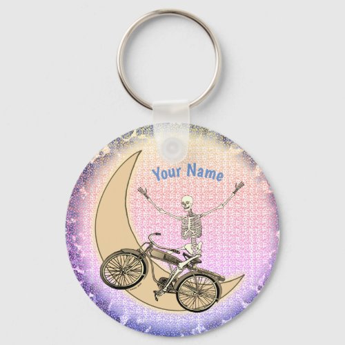 Skeleton riding bicycle custom name Keychain