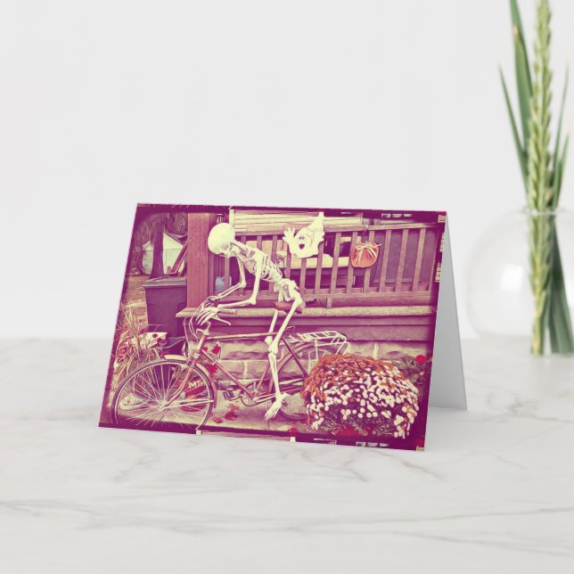 Skeleton Riding Bike Happy Halloween Spooky Card (Front)