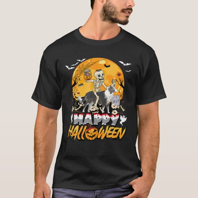 Skeleton Riding Border Collie Halloween Pumpkin Ki T-Shirt (Front)