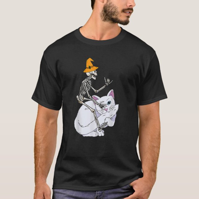 Skeleton Riding Cat Lazy Halloween Costume Cute Ki T-Shirt (Front)