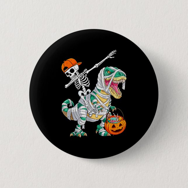 Skeleton Riding Dancing Dab Dinosaur T Rex Hallowe Button (Front)