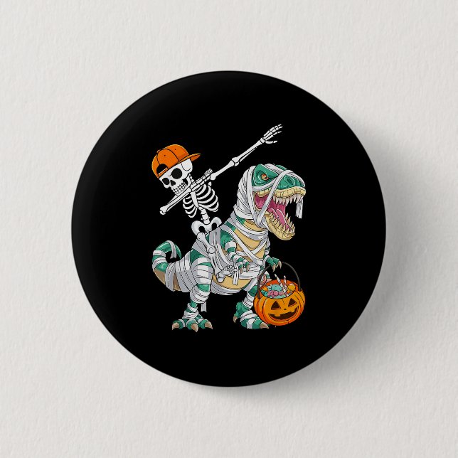 Skeleton Riding Dancing Dab Dinosaur T Rex Hallowe Button (Front)