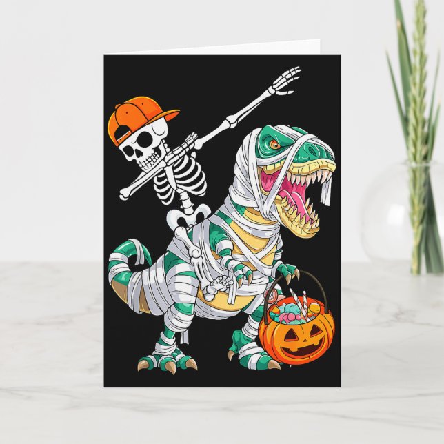 Skeleton Riding Dancing Dab Dinosaur T Rex Hallowe Card (Front)