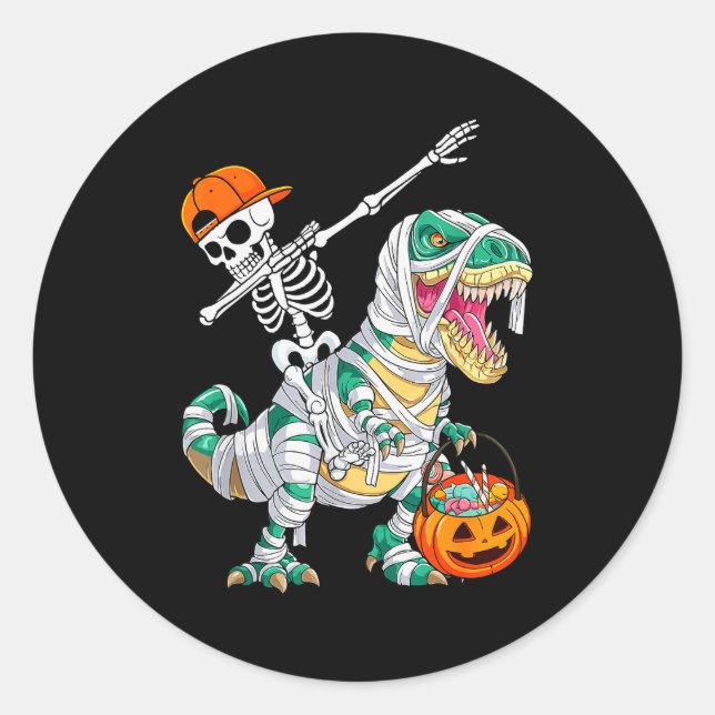 Skeleton Riding Dancing Dab Dinosaur T Rex Hallowe Classic Round Sticker (Front)