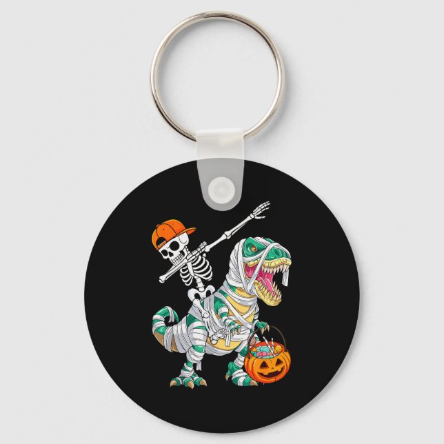 Skeleton Riding Dancing Dab Dinosaur T Rex Hallowe Keychain (Front)