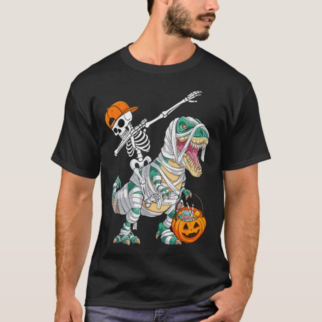 Skeleton Riding Dancing Dab Dinosaur T Rex Hallowe T-Shirt (Front)