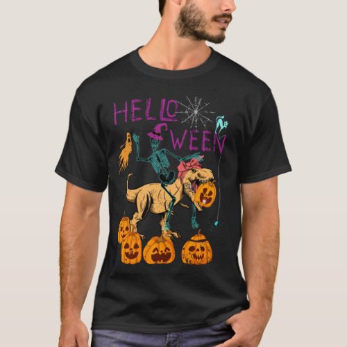 Skeleton Riding Dinosaur Messy Bun Halloween   T_Shirt