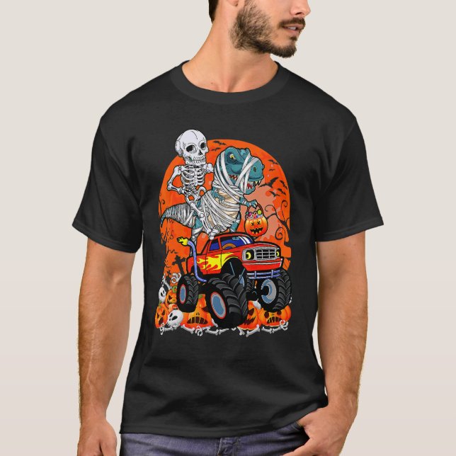 Skeleton Riding Dinosaur Rex Mummy Monster Truck H T-Shirt (Front)