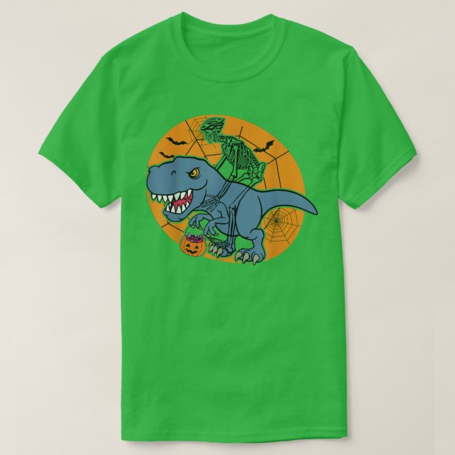 Skeleton Riding Dinosaur T re Halloween Funny Pump T-Shirt (Design Front)