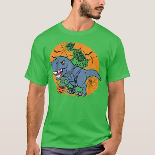 Skeleton Riding Dinosaur T re Halloween Funny Pump T_Shirt