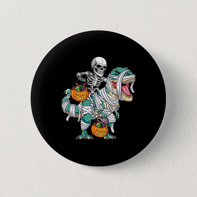 Skeleton Riding Dinosaur T Rex Fun Kids Boys Hallo Button (Front)