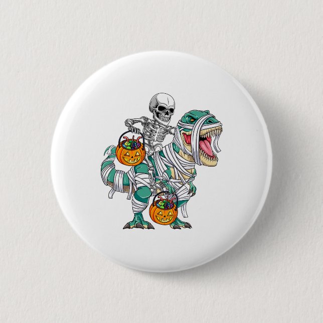 Skeleton Riding Dinosaur T Rex Fun Kids Boys Hallo Button (Front)
