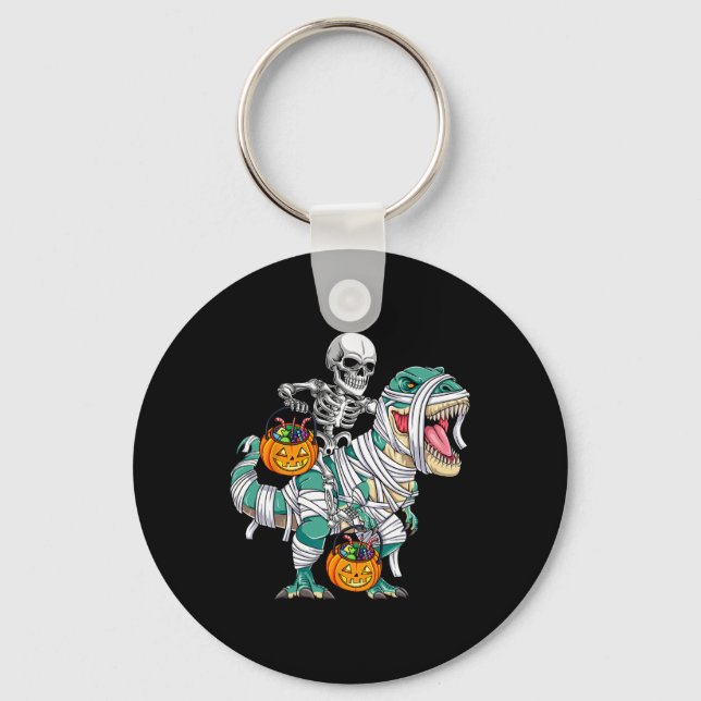 Skeleton Riding Dinosaur T Rex Fun Kids Boys Hallo Keychain (Front)
