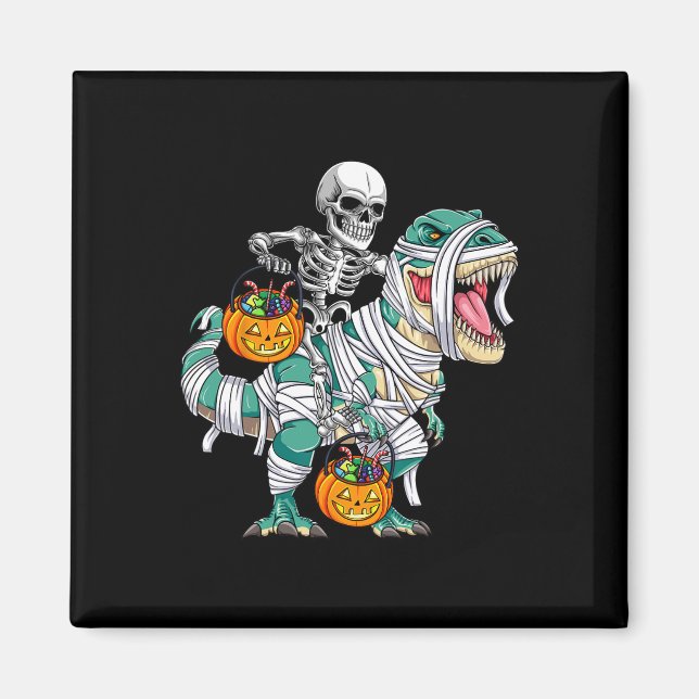 Skeleton Riding Dinosaur T Rex Fun Kids Boys Hallo Magnet (Front)