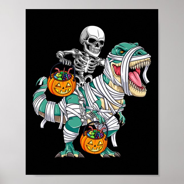 Skeleton Riding Dinosaur T Rex Fun Kids Boys Hallo Poster (Front)