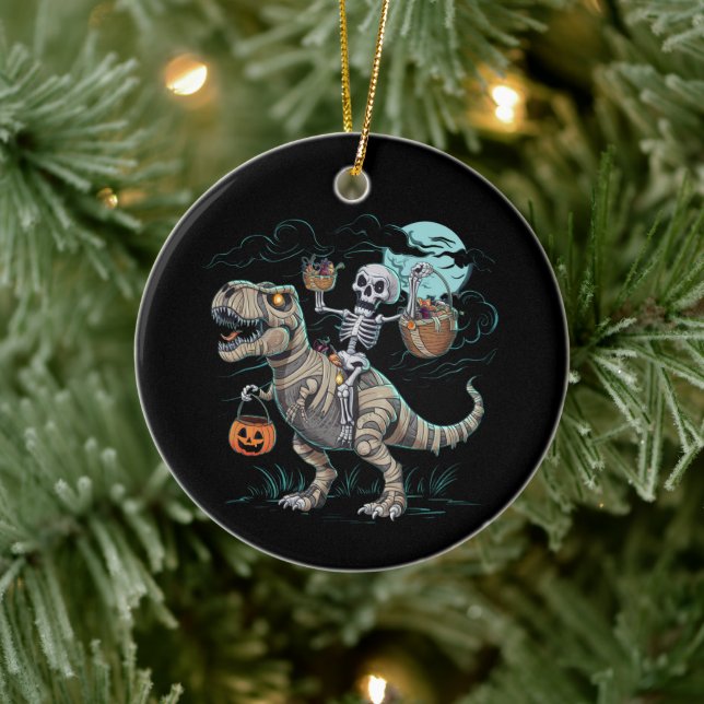Skeleton Riding Dinosaur T rex Halloween Pumpkin Ceramic Ornament (Tree)