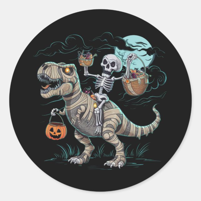 Skeleton Riding Dinosaur T rex Halloween Pumpkin Classic Round Sticker (Front)