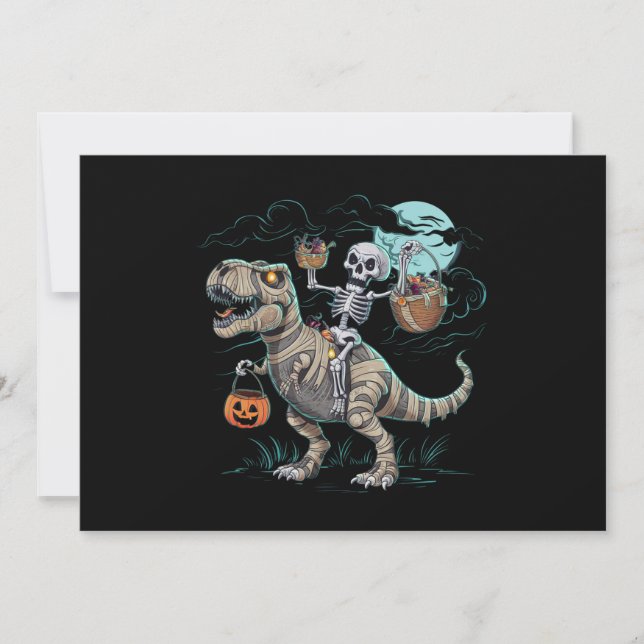 Skeleton Riding Dinosaur T rex Halloween Pumpkin Invitation (Front)