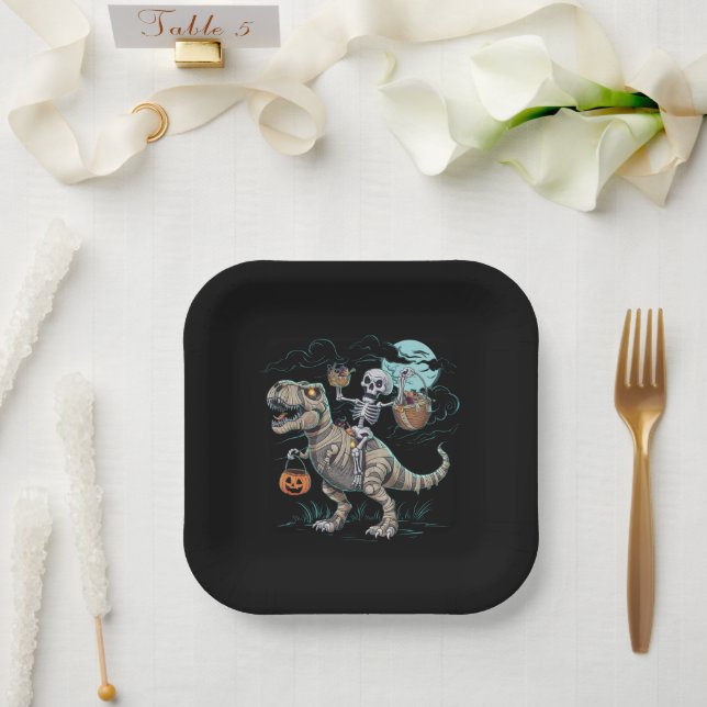 Skeleton Riding Dinosaur T rex Halloween Pumpkin Paper Plates (Wedding)