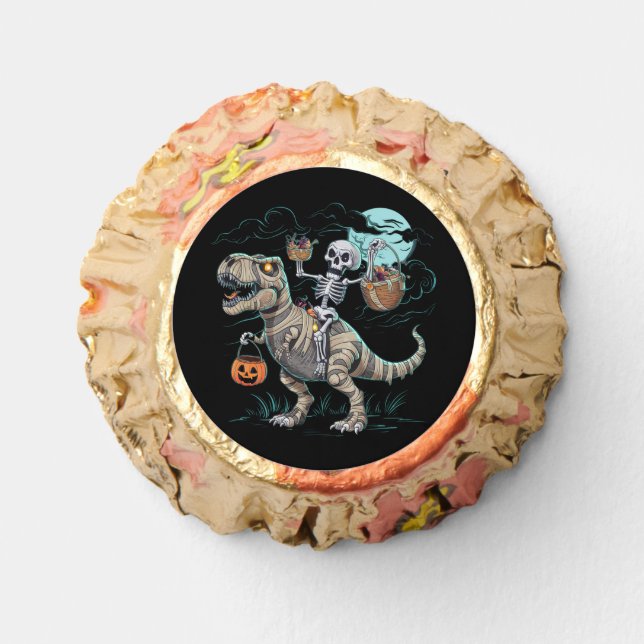 Skeleton Riding Dinosaur T rex Halloween Pumpkin Reese's Peanut Butter Cups (Front)