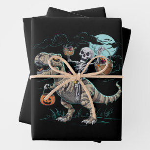Skeleton Riding Dinosaur T rex Halloween Pumpkin Wrapping Paper Sheets
