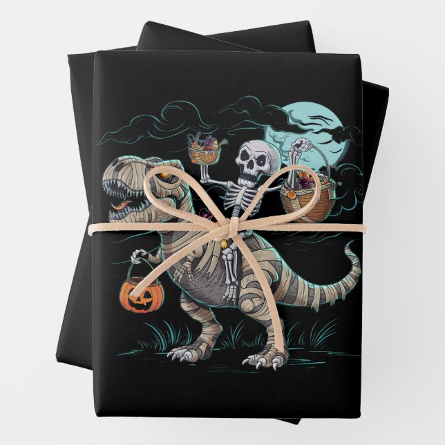 Skeleton Riding Dinosaur T rex Halloween Pumpkin Wrapping Paper Sheets (In situ)
