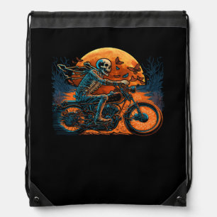Skeleton Riding Dirt Bike Lazy Halloween Costume M Drawstring Bag