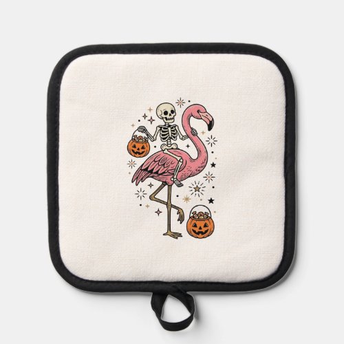 Skeleton Riding Flamingo Halloween Candy Shirt_1 Pot Holder