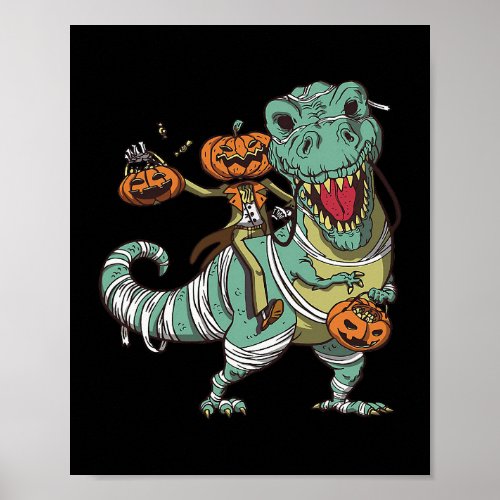 Skeleton riding Jurassic Dinosaur Halloween grunge Poster
