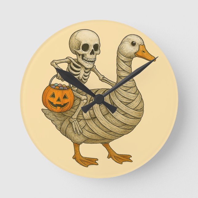 Skeleton Riding Mom Goose Halloween Funny Pumpkin Round Clock (Front)