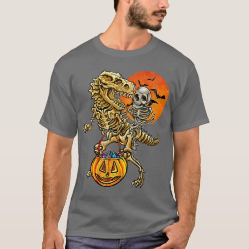 Skeleton Riding Mommy Dinosaur T Rex Halloween Fun T_Shirt