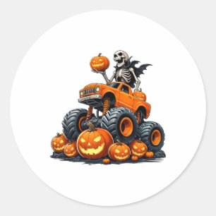 Skeleton Riding Monster Truck Halloween Pumpkin Ki Classic Round Sticker