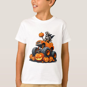 Skeleton Riding Monster Truck Halloween Pumpkin Ki T-Shirt