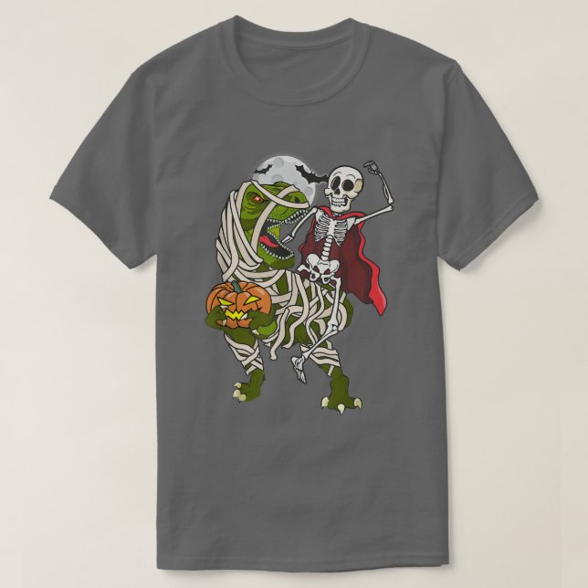 Skeleton Riding Mummy Dinosaur Halloween T Re Pump T-Shirt (Design Front)