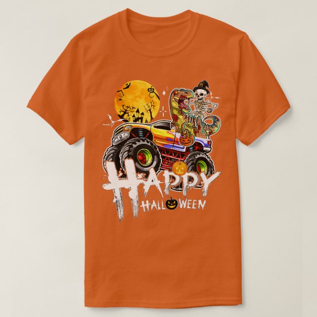Skeleton Riding Mummy Dinosaur Monster Truck Hallo T-Shirt (Design Front)
