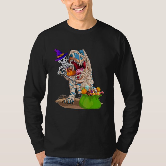 Skeleton Riding Mummy Dinosaur rex Halloween  Pump T-Shirt (Front)