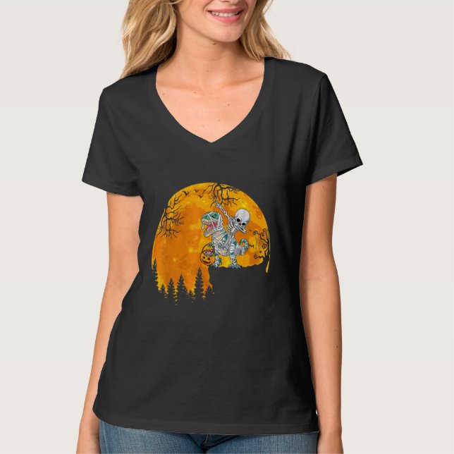 Skeleton Riding Mummy Dinosaur Rex Halloween  Pump T-Shirt (Front)