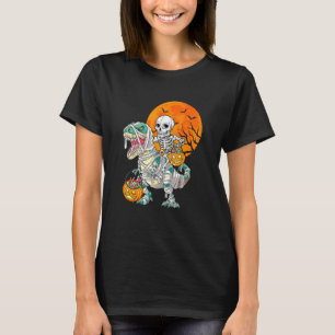 Skeleton Riding Mummy Dinosaur Rex Halloween Pump T-Shirt