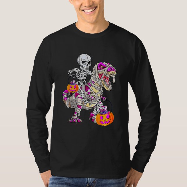 Skeleton Riding Mummy Dinosaur Rex Halloween  Pump T-Shirt (Front)