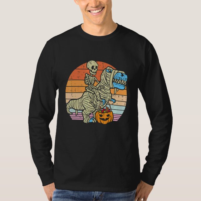 Skeleton Riding Mummy Dinosaur rex Halloween  Pump T-Shirt (Front)