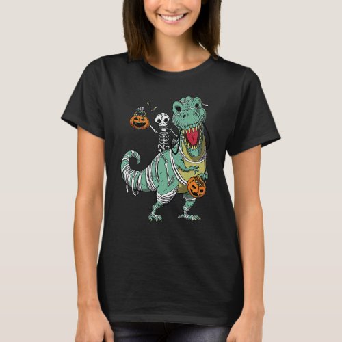 Skeleton Riding Mummy Dinosaur Rex Halloween  Pump T_Shirt