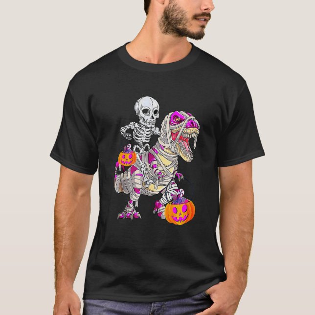 Skeleton Riding Mummy Dinosaur Rex Halloween  Pump T-Shirt (Front)