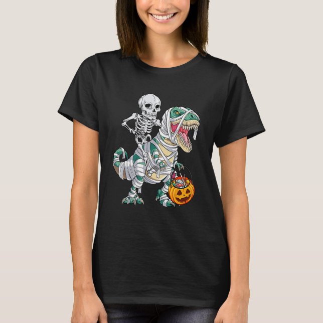 Skeleton Riding Mummy Dinosaur rex Halloween  Pump T-Shirt (Front)