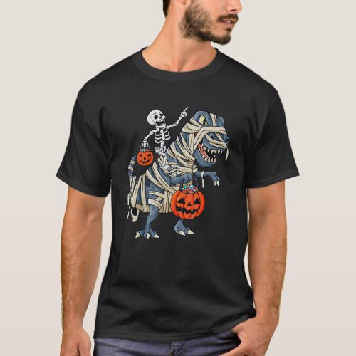 Skeleton Riding Mummy Dinosaur rex Halloween  Pump T_Shirt