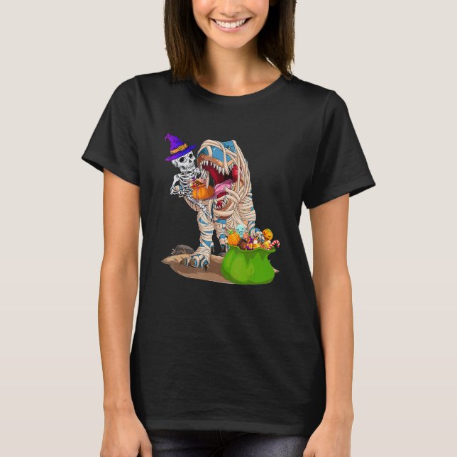 Skeleton Riding Mummy Dinosaur rex Halloween  Pump T-Shirt (Front)