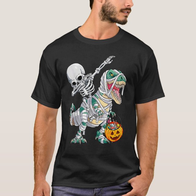 Skeleton Riding Mummy Dinosaur Rex Halloween  Pump T-Shirt (Front)