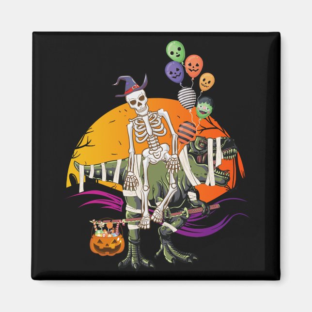 Skeleton Riding Mummy Dinosaur Square Magnet (Front)