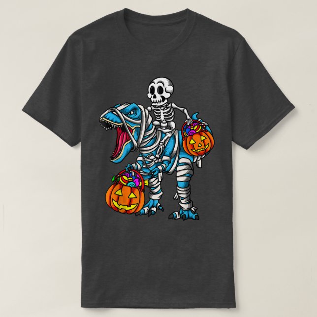 Skeleton Riding Mummy Dinosaur T Re Halloween Pump T-Shirt (Design Front)